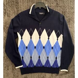 Paul Jones 1/4 Button Blue Argyle Men's Sweater Size M
